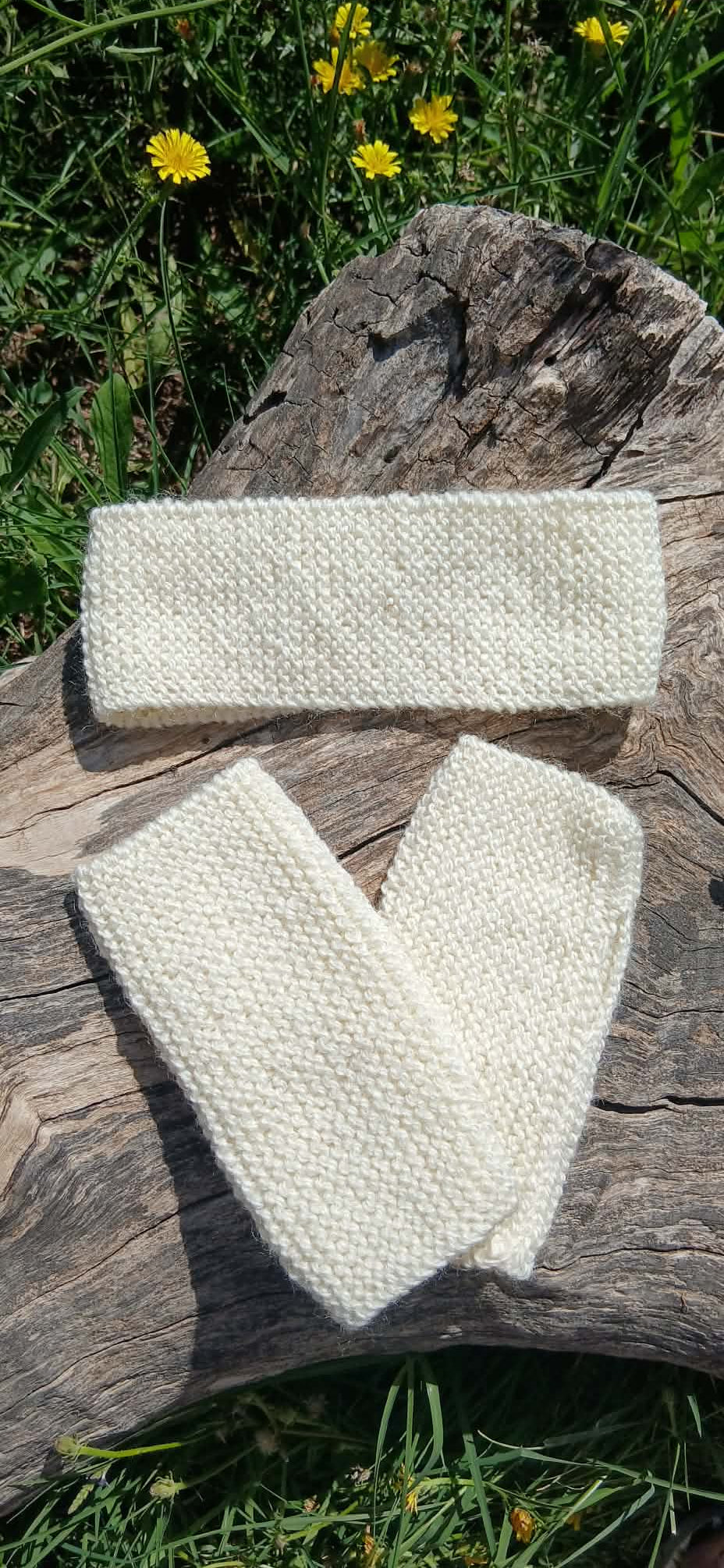 Kit bandeau et mitaines sans doigts tricotés main blanc naturel, point mousse, 80% acrylique 20% laine, pièce unique artisanale fait main en France, MALOU au Fil des Saisons