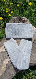 Kit bandeau et mitaines sans doigts tricotés main gris clair chiné, point mousse 100% acrylique, pièce unique artisanale fait main en France, MALOU au Fil des Saisons