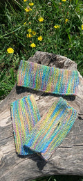 Kit bandeau et mitaines sans doigts tricotés main fil multicolore arc-en-ciel — multi couleur— point mousse bien visible, 50% modal 40% coton 10% polyamide, pièce unique artisanale fait main en France, MALOU au Fil des Saisons