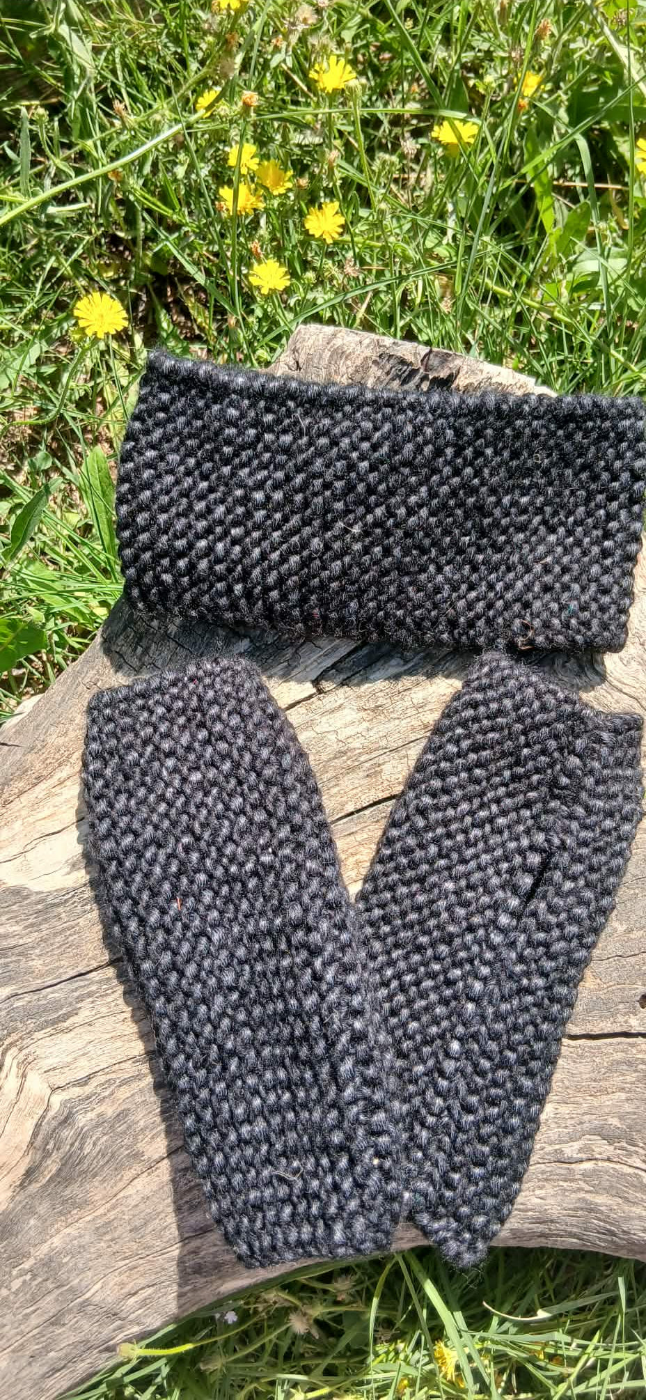Kit bandeau et mitaines sans doigts tricotés main noir point mousse, 100% coton, pièce unique artisanale fait main en France, MALOU au Fil des Saisons

