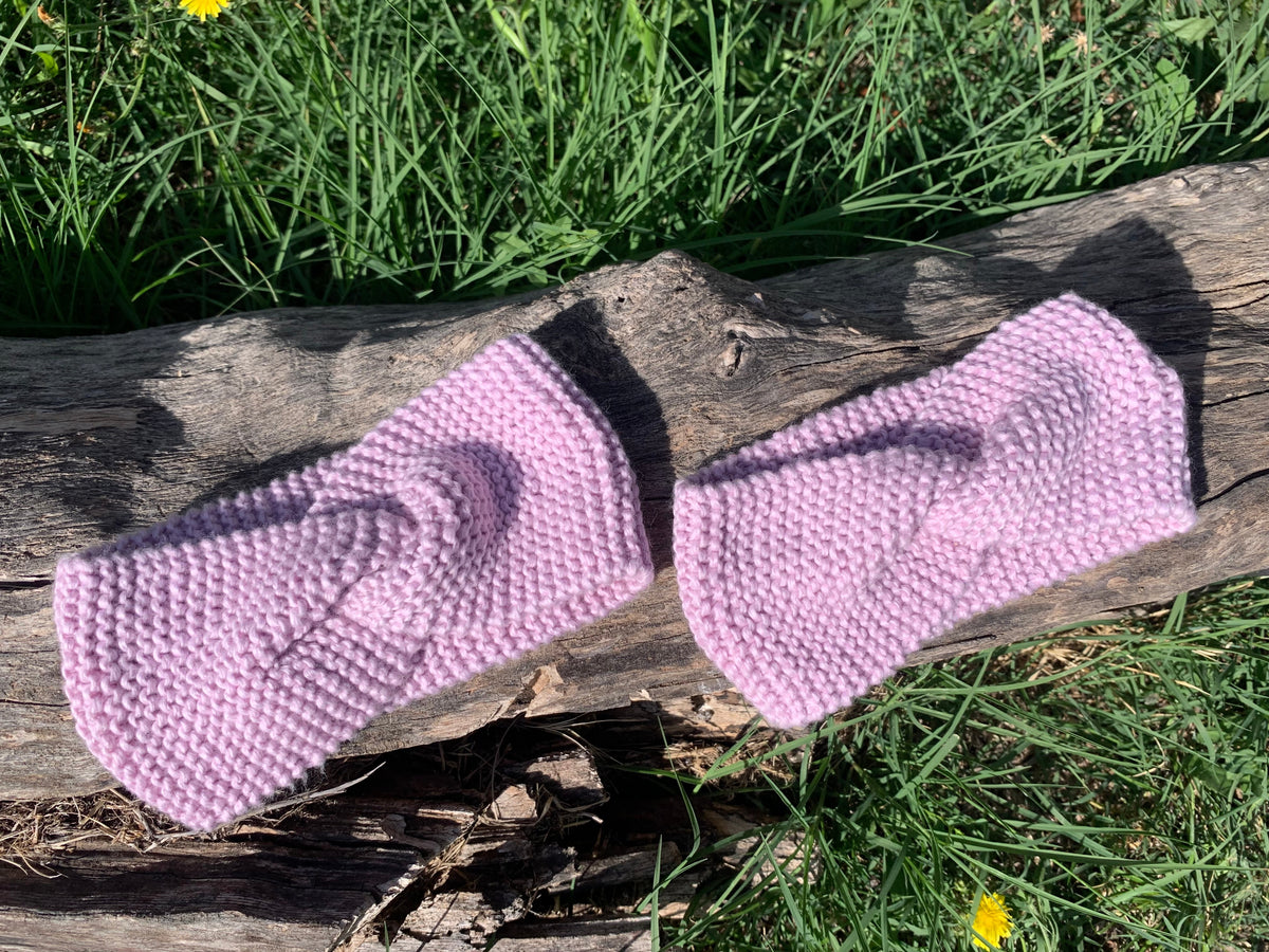 Bandeau tricoté main en 100% coton bio couleur rose parme lilas, point mousse, accessoires artisanaux fait main en France, MALOU au Fil des Saisons