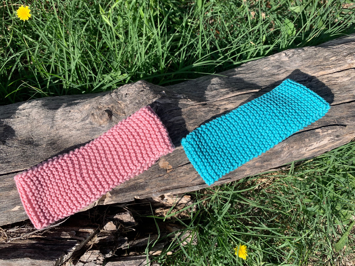 Deux bandeaux tricotés main 100% coton bio point mousse coloris rose et bleu accessoires cheveux artisanaux fait main en France, MALOU au Fil des Saisons