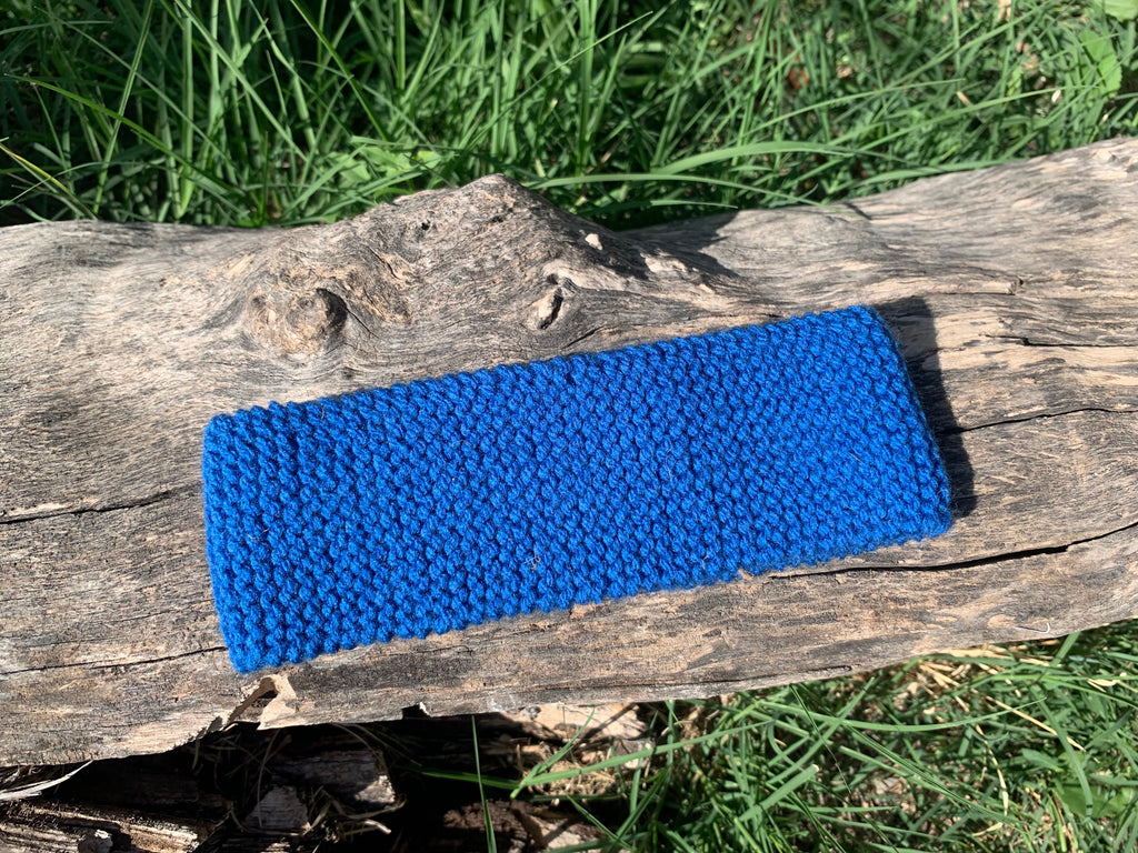 Bandeau tricoté main bleu électrique vif point mousse bien visible, 90% laine 10% chlorofibre, accessoire cheveux artisanal fait main en France, MALOU au Fil des Saisons
