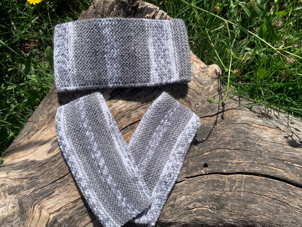 Kit bandeau et mitaines sans doigts tricotés main dégradé de gris chiné avec rayures blanches, 100% coton, pièce unique artisanale fait main en France, MALOU au Fil des Saisons