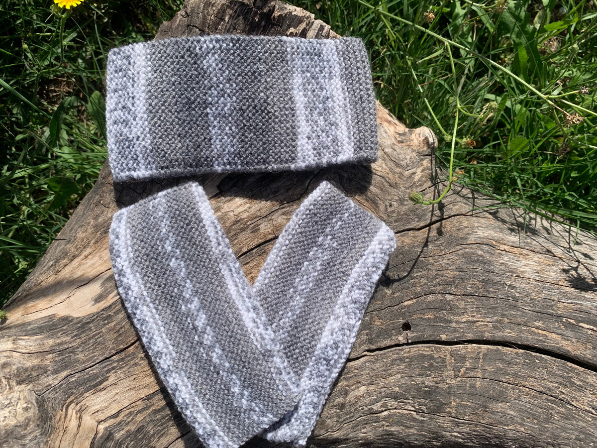Kit bandeau et mitaines sans doigts tricotés main dégradé de gris chiné avec rayures blanches, 100% coton, pièce unique artisanale fait main en France, MALOU au Fil des Saisons