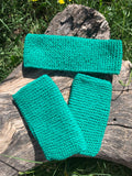 Kit bandeau et mitaines sans doigts tricotés main vert, point mousse, 100% laine, pièce unique artisanale fait main en France, MALOU au Fil des Saisons