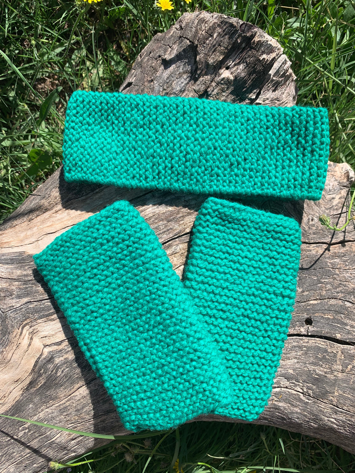 Kit bandeau et mitaines sans doigts tricotés main vert, point mousse, 100% laine, pièce unique artisanale fait main en France, MALOU au Fil des Saisons
