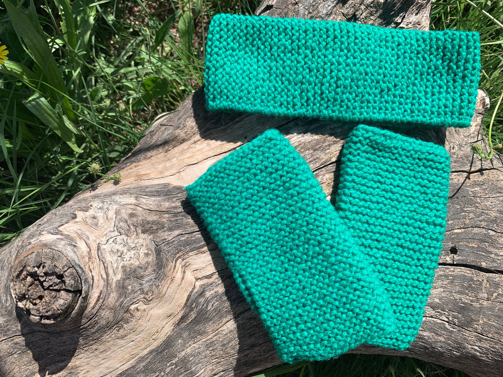 Kit bandeau et mitaines sans doigts tricotés main vert, point mousse, 100% laine, pièce unique artisanale fait main en France, MALOU au Fil des Saisons