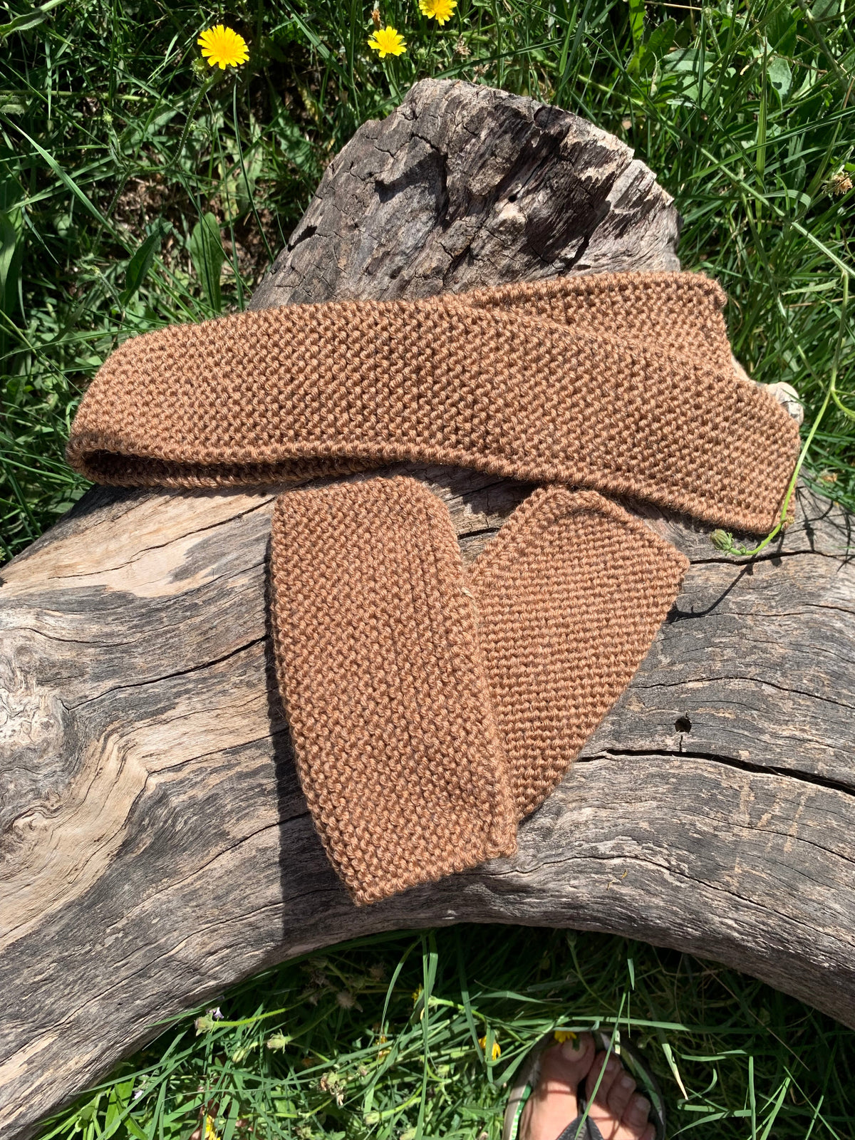 Kit bandeau et mitaines sans doigts tricotés main marron caramel, point mousse, 100% acrylique, pièce unique artisanale fait main en France, MALOU au Fil des Saisons