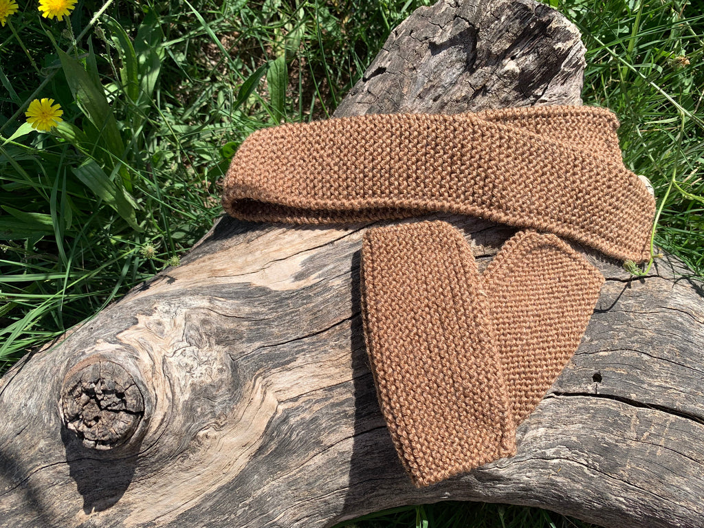 Kit bandeau et mitaines sans doigts tricotés main marron caramel, point mousse, 100% acrylique, pièce unique artisanale fait main en France, MALOU au Fil des Saisons