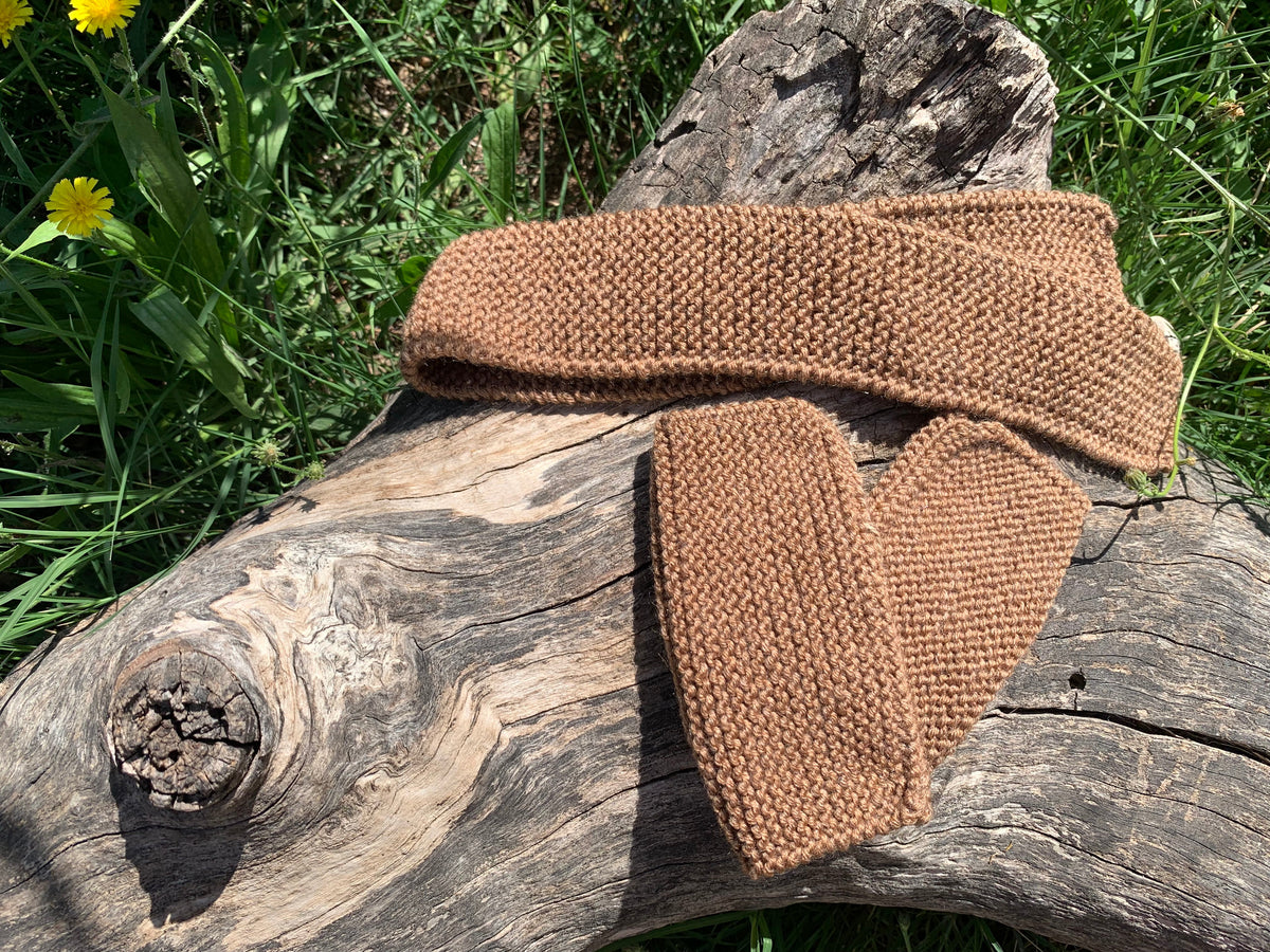 Kit bandeau et mitaines sans doigts tricotés main marron caramel, point mousse, 100% acrylique, pièce unique artisanale fait main en France, MALOU au Fil des Saisons