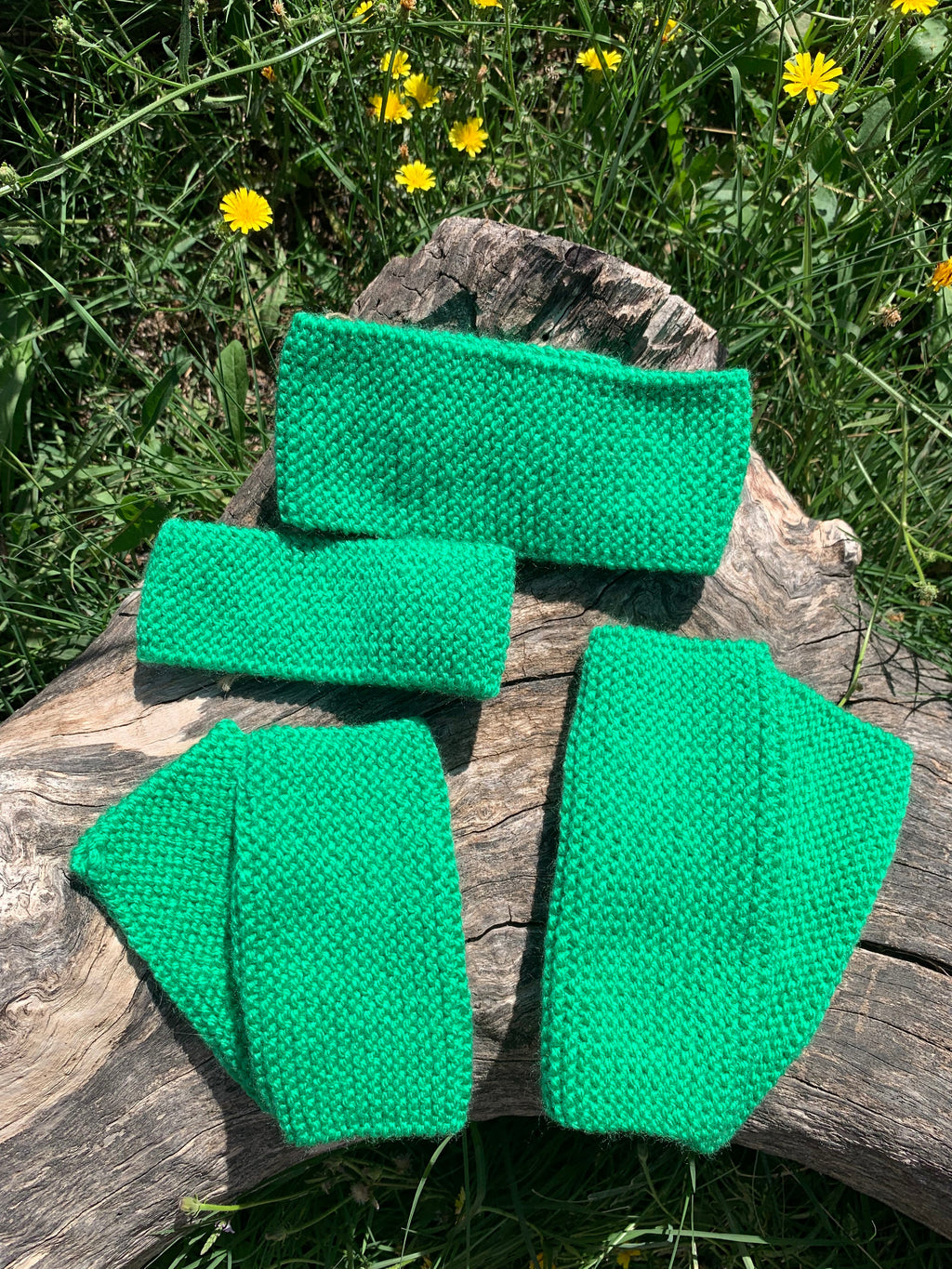 Kit bandeau et mitaines sans doigts tricotés main vert prairie, 100% acrylique, pièce unique artisanale fait main en France, MALOU au Fil des Saisons